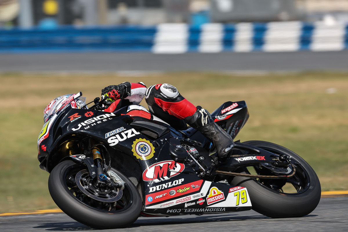 In his first race aboard his GSX-R750, Teagg Hobbs (79) brings home a top ten in Daytona.