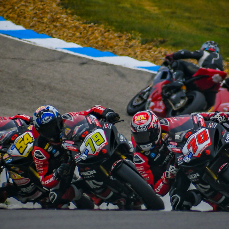 Tyler Scott (70) leading fellow Vision Wheel M4 ECSTAR Suzuki riders Teagg Hobbs (79) and Richie Escalante (54) at the 100th running of the Loudon Classic.