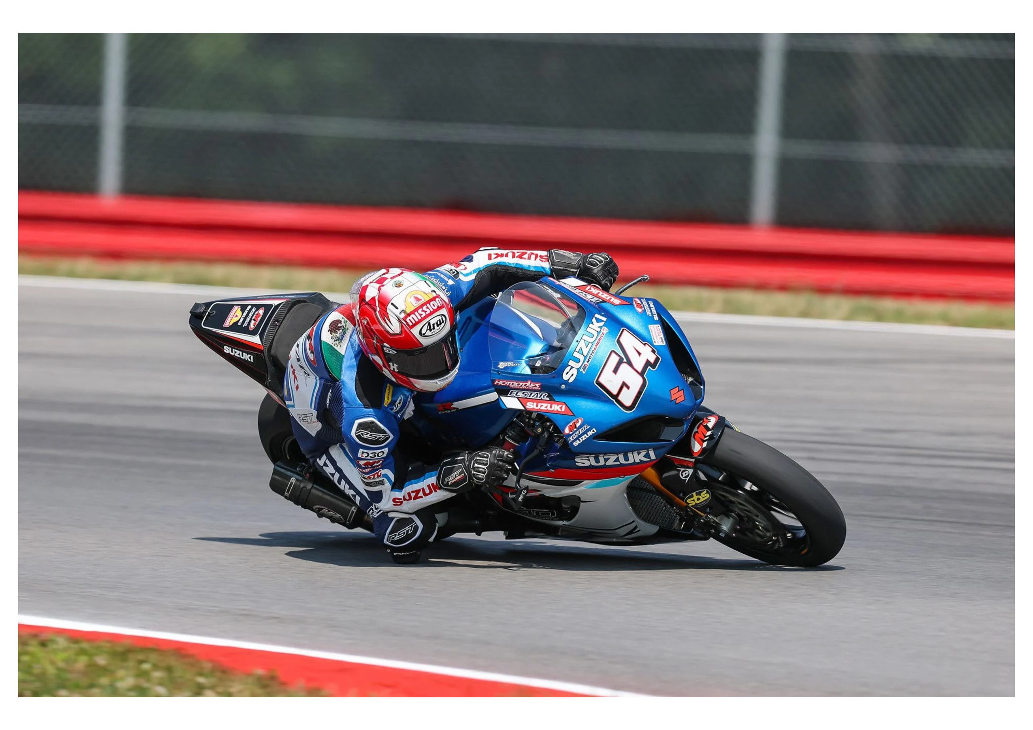 Richie Escalante showcased front-running pace aboard the Mission M4 ECSTAR Suzuki GSX-R1000R before a Sunday crash ended his podium bid. Photo courtesy Suzuki.